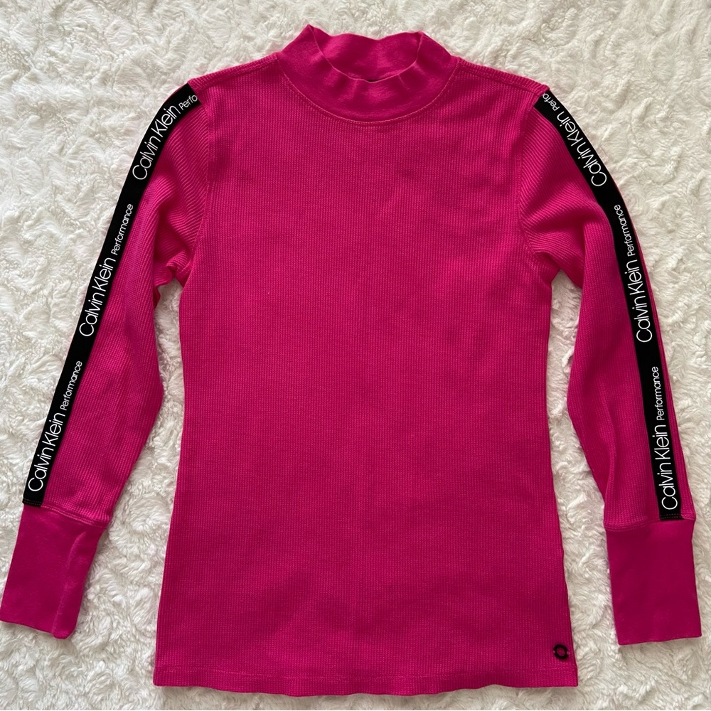 Calvin Klein Performance Waffle Knit Mock Neck Logo Strip Long Sleeve